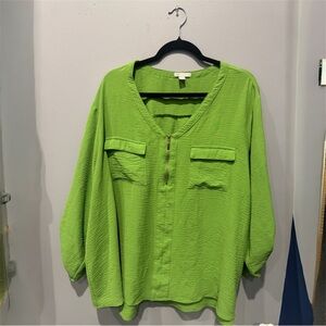 Cato Bright Green V-Neck Zip Front Blouse